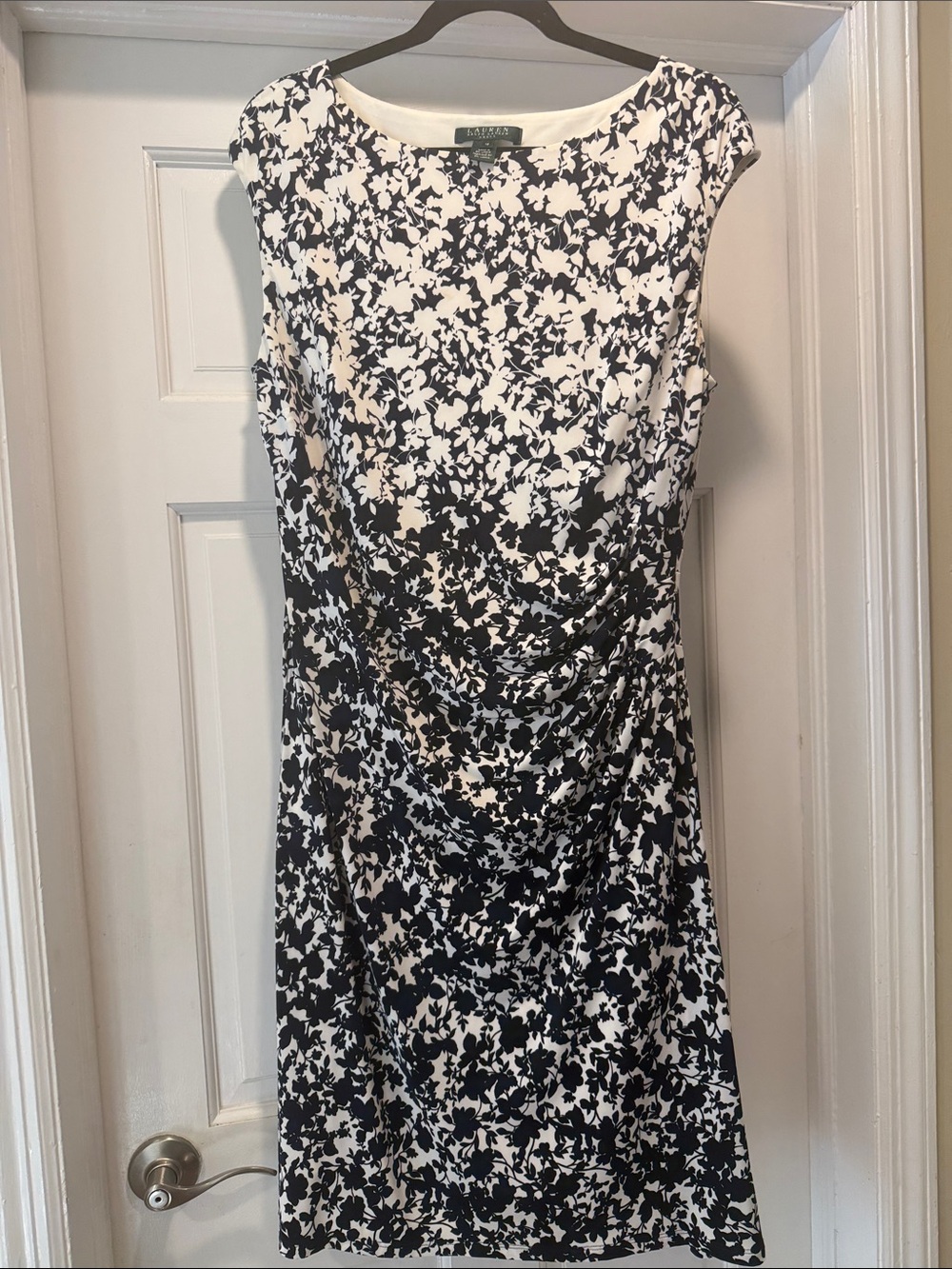 Lauren Ralph Lauren Black and White Floral Midi Dress with Side Ruching